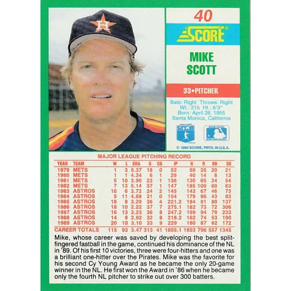 1990 Score #40 Mike Scott NM-MT Houston Astros Baseball Card - Baseball Card Single