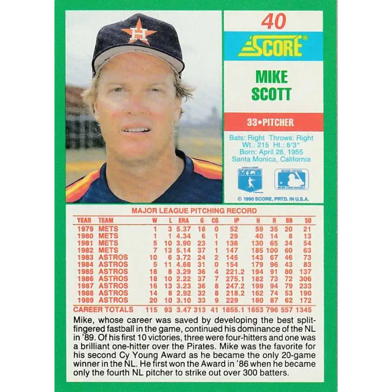 1990 Score #40 Mike Scott NM-MT Houston Astros Baseball Card - Baseball Card Single