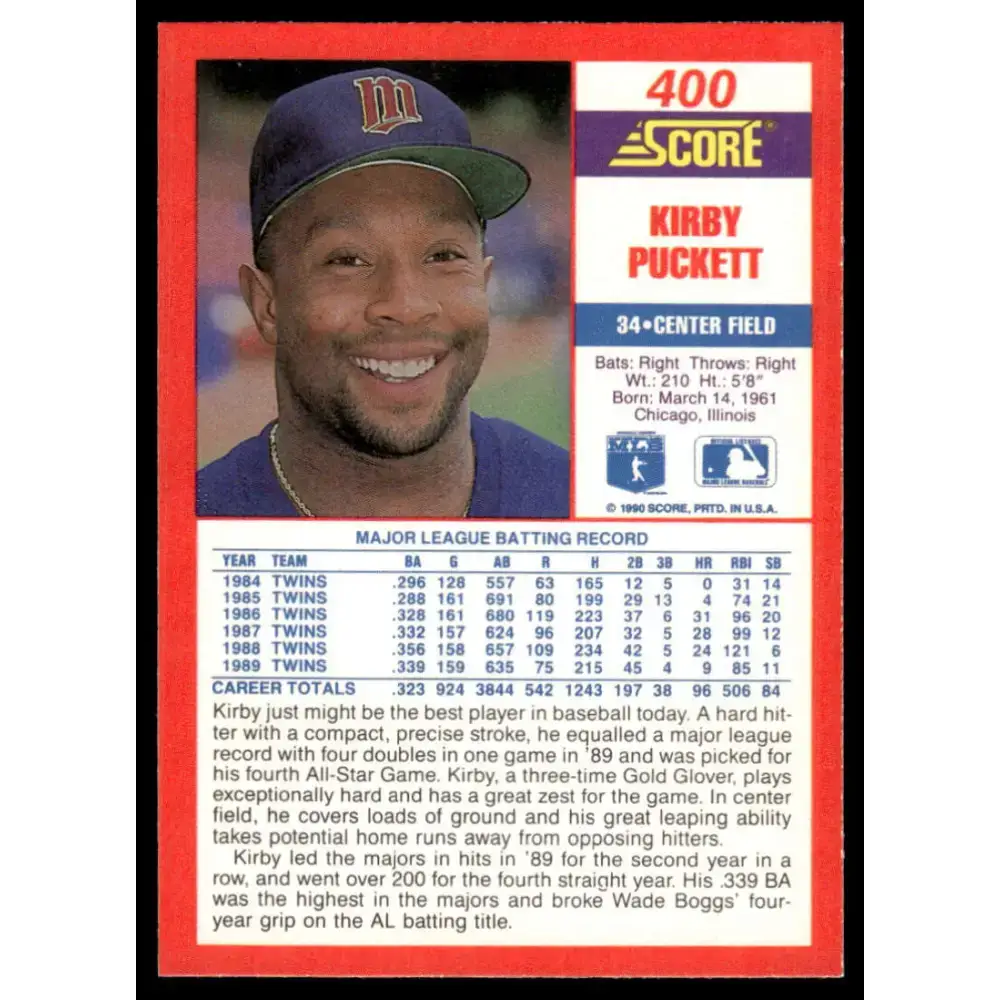1990 Score #400 Kirby Puckett EX/NM Minnesota Twins Baseball Card - Baseball Card Single