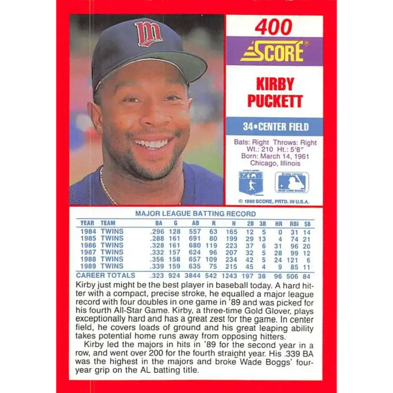 1990 Score #400 Kirby Puckett NM-MT Minnesota Twins Baseball Card - Baseball Card Single