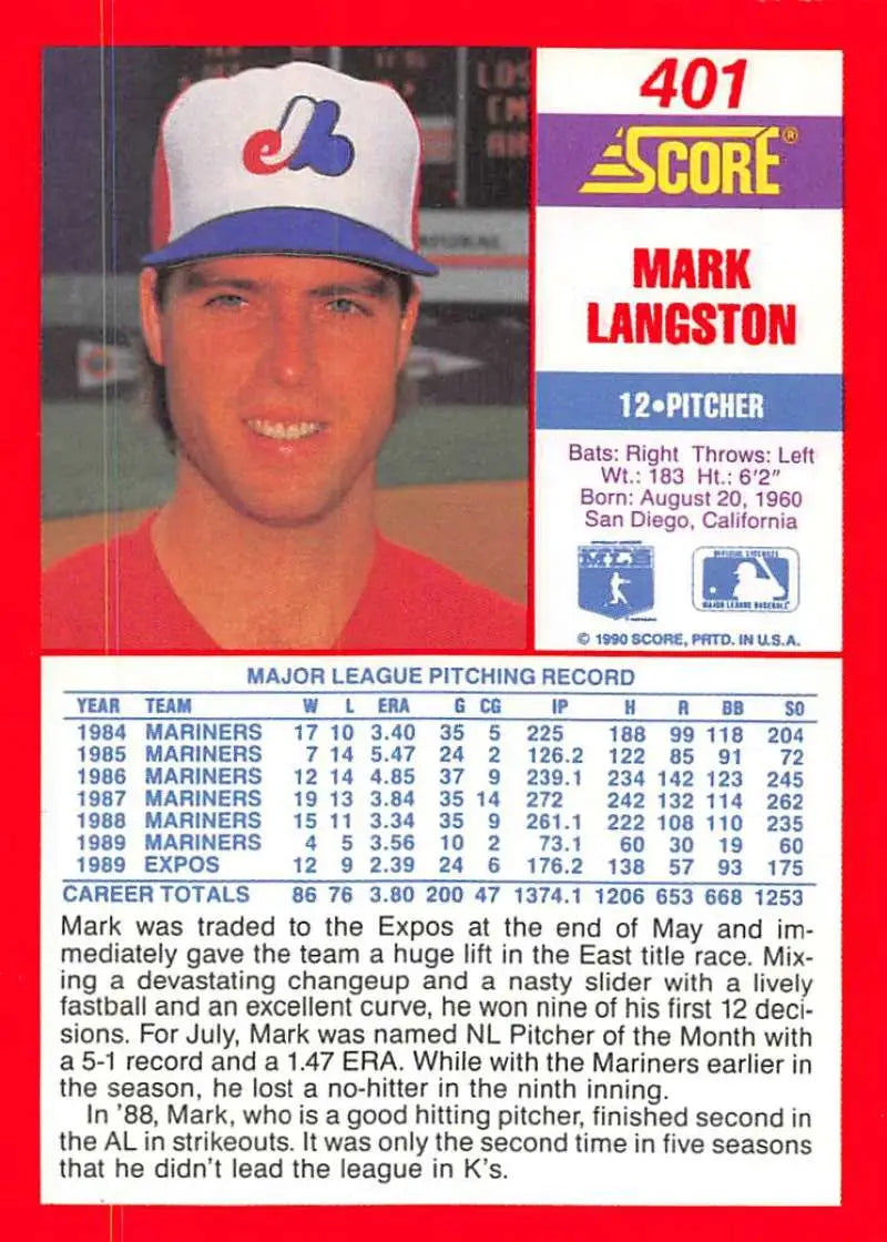 1990 Score #401 Mark Langston EX Excellent Montreal Expos Baseball Card - Baseball Card Single