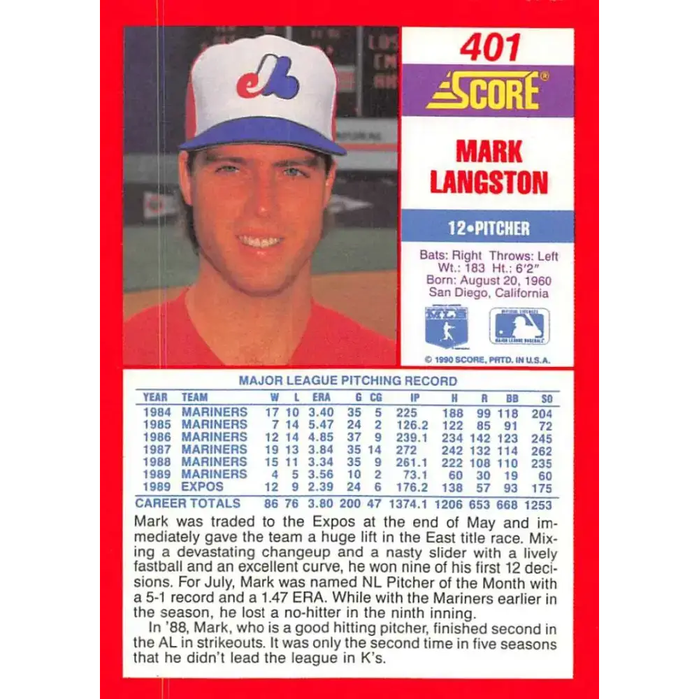 1990 Score #401 Mark Langston NM-MT Montreal Expos Baseball Card - Baseball Card Single