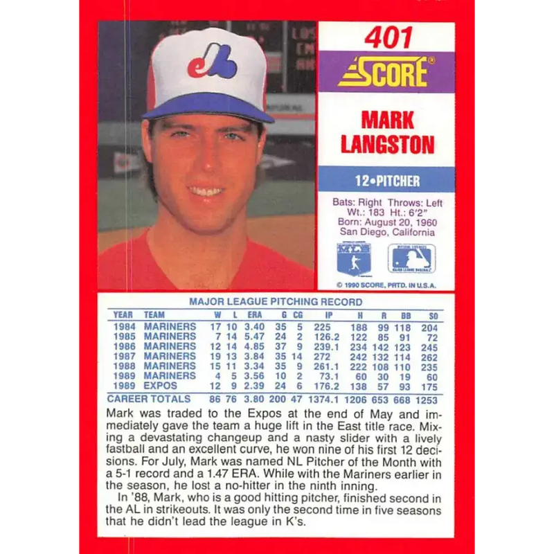 1990 Score #401 Mark Langston NM-MT Montreal Expos Baseball Card - Baseball Card Single