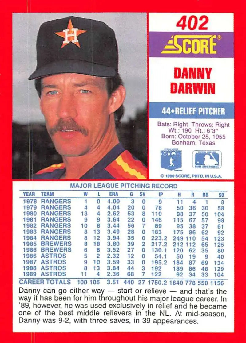 1990 Score #402 Danny Darwin EX Excellent Houston Astros Baseball Card - Baseball Card Single