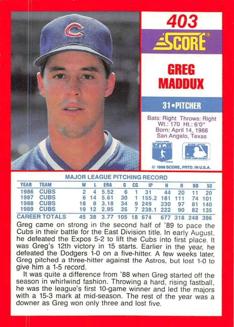 1990 Score #403 Greg Maddux EX Excellent Chicago Cubs Baseball Card - Baseball Card Single