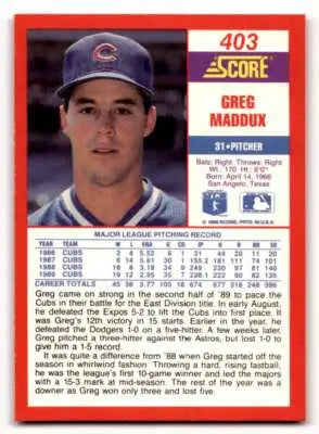 Original gloss Greg Maddux baseball card from 1990 Score #403 Simply Sandoval