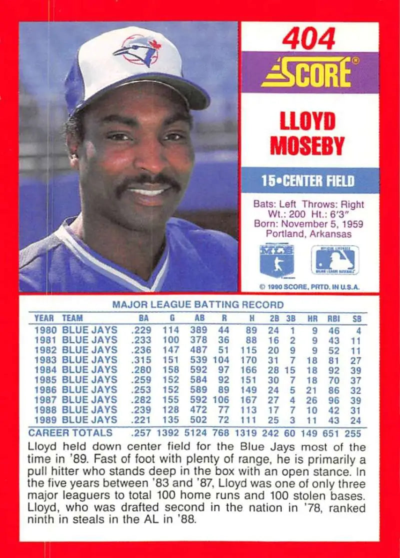 1990 Score #404 Lloyd Moseby EX Excellent Toronto Blue Jays Baseball Card - Baseball Card Single