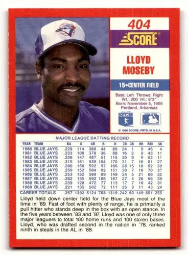Original gloss Lloyd Moseby baseball card from 1990 Score #404 featuring Simply Sandoval