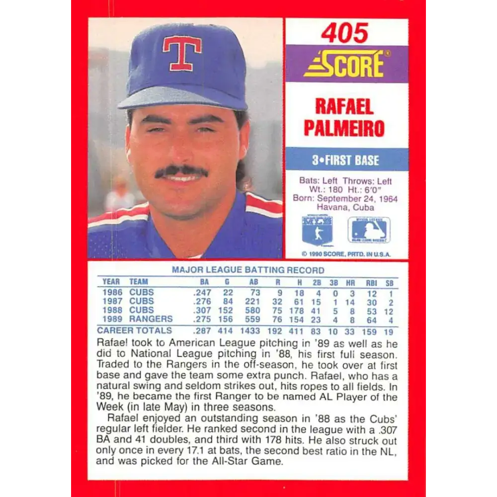 1990 Score #405 Rafael Palmeiro NM-MT Texas Rangers Baseball Card - Baseball Card Single