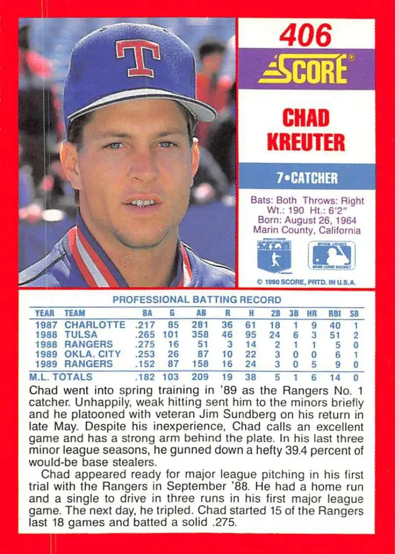 1990 Score #406 Chad Kreuter EX Excellent Texas Rangers Baseball Card - Baseball Card Single