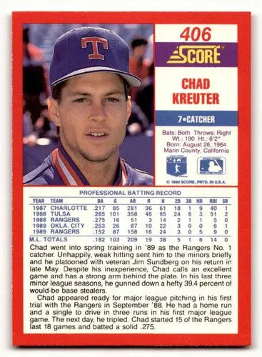 Original gloss Chad Kreuter baseball card from 1990 Score #406 featuring Simply Sandoval