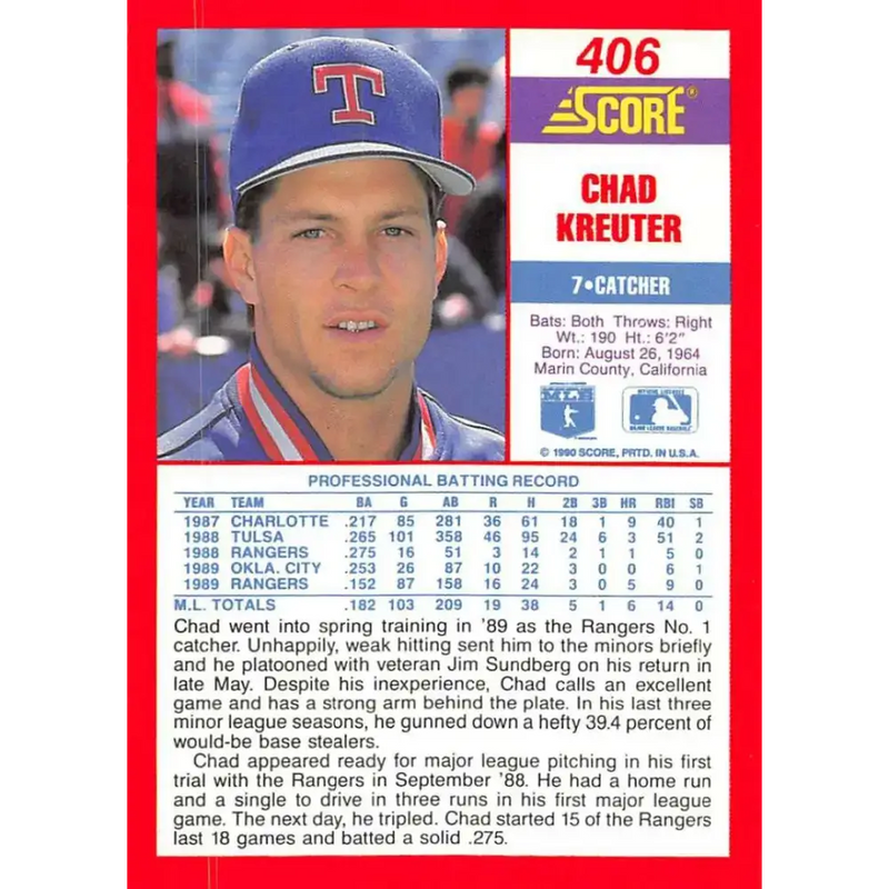 1990 Score #406 Chad Kreuter NM-MT Texas Rangers Baseball Card - Baseball Card Single