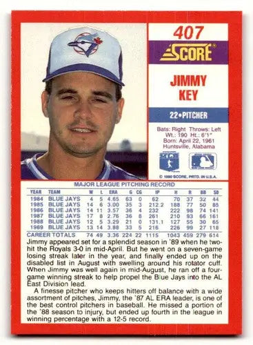 Original gloss Jimmy Key baseball card from 1990 Score #407 featuring Simply Sandoval