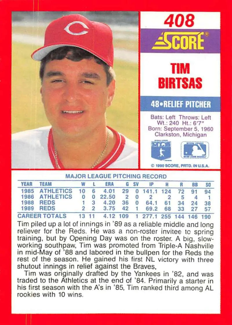 1990 Score #408 Tim Birtsas EX Excellent Cincinnati Reds Baseball Card - Baseball Card Single