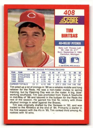 Original gloss 1990 Score Tim Birtsas baseball card featuring Tim Birtsas and Simply Sandoval