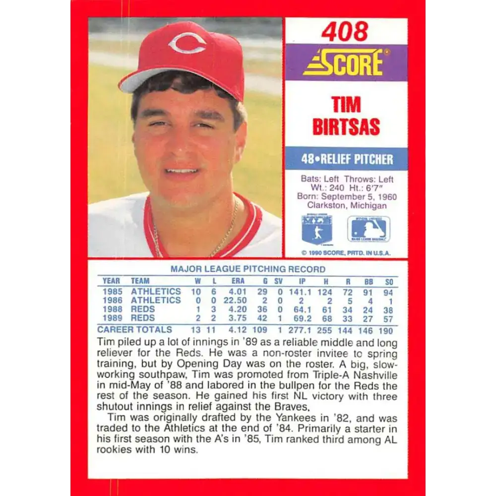 1990 Score #408 Tim Birtsas NM-MT Cincinnati Reds Baseball Card - Baseball Card Single
