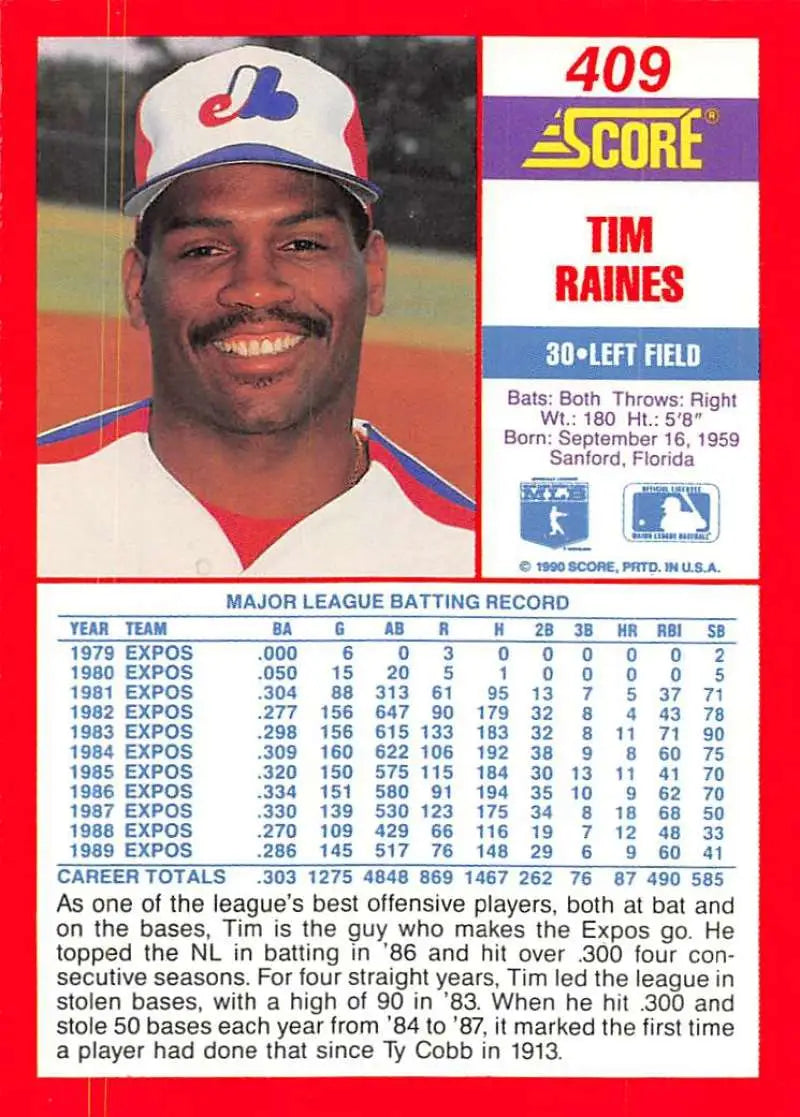 1990 Score #409 Tim Raines EX Excellent Montreal Expos Baseball Card - Baseball Card Single