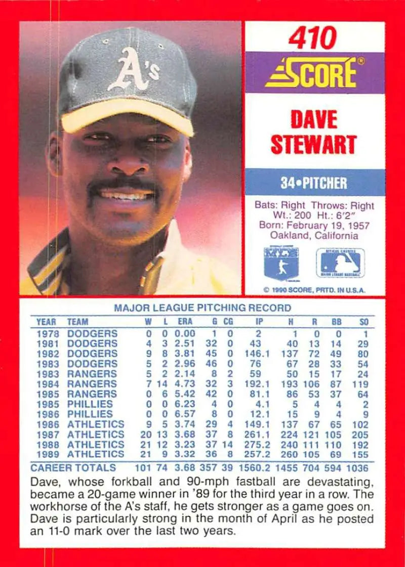 1990 Score #410 Dave Stewart EX Excellent Oakland Athletics Baseball Card - Baseball Card Single