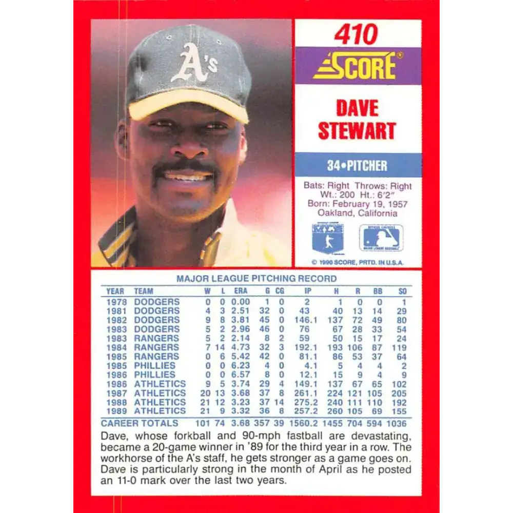1990 Score #410 Dave Stewart NM-MT Oakland Athletics Baseball Card - Baseball Card Single