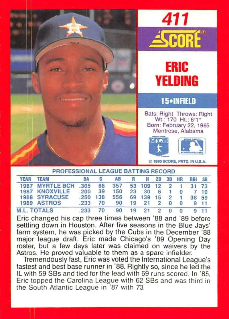 1990 Score #411 Eric Yelding EX Excellent RC Rookie Houston Astros Baseball Card - Baseball Card Single