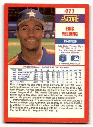 1989 Score Eric Yelding Houston Astros baseball card in excellent condition