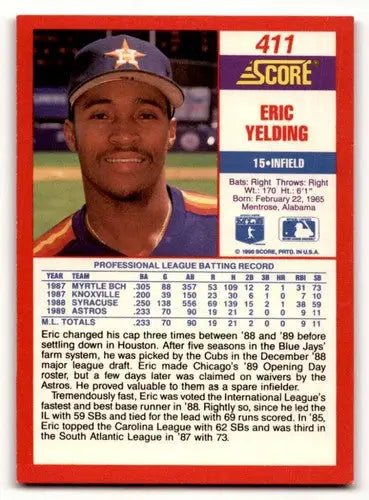 1990 Score #411 Eric Yelding Houston Astros Baseball Cards EX/NM ID:55198 - Baseball Card Single