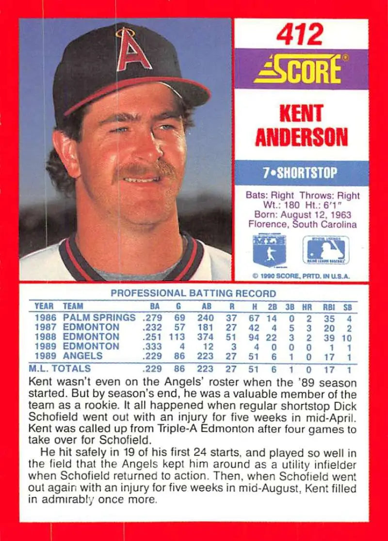 1990 Score #412 Kent Anderson EX Excellent RC Rookie California Angels Baseball Card - Baseball Card Single