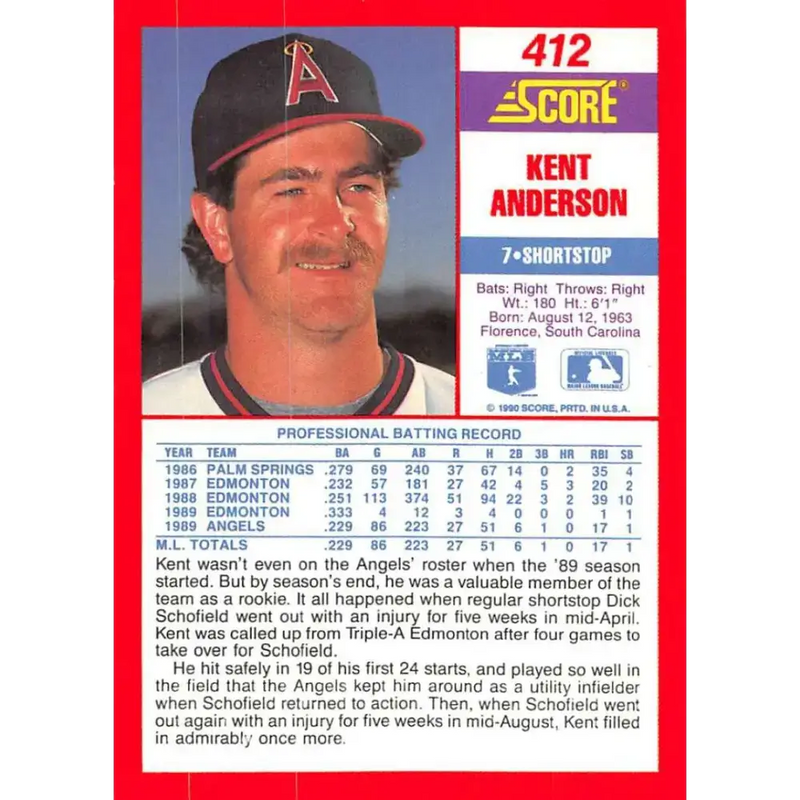 1990 Score #412 Kent Anderson NM-MT RC Rookie California Angels Baseball Card - Baseball Card Single