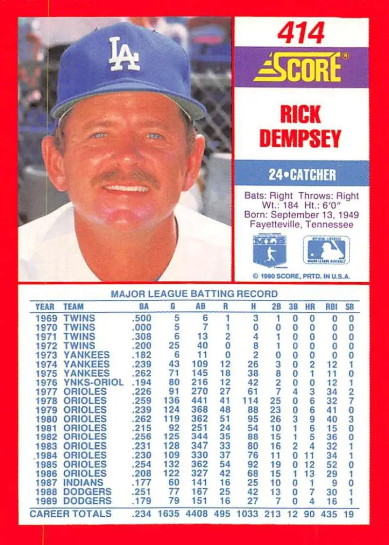 1990 Score #414 Rick Dempsey EX Excellent Los Angeles Dodgers Baseball Card - Baseball Card Single