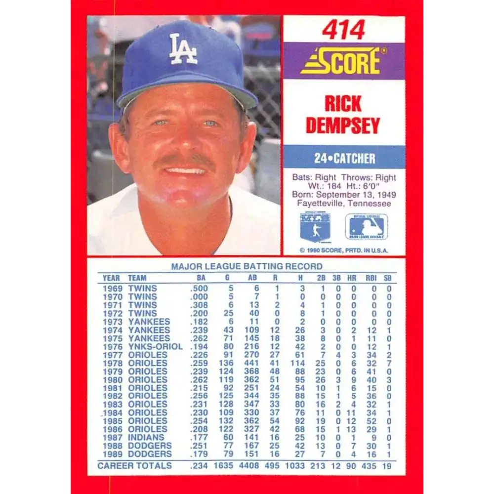 1990 Score #414 Rick Dempsey NM-MT Los Angeles Dodgers Baseball Card - Baseball Card Single