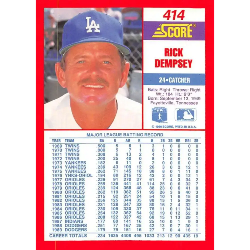1990 Score #414 Rick Dempsey NM-MT Los Angeles Dodgers Baseball Card - Baseball Card Single