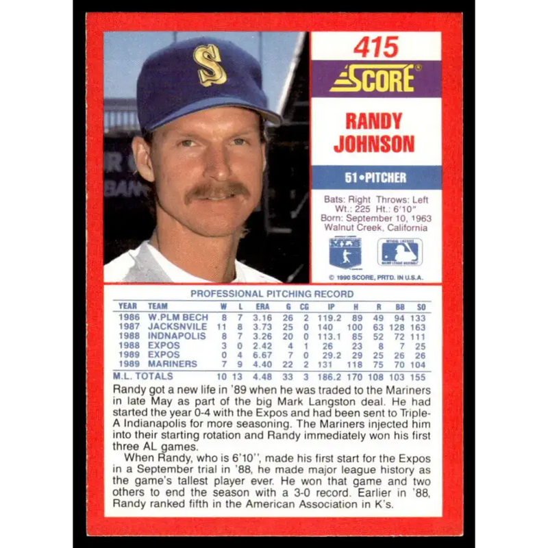 1990 Score #415 Randy Johnson EX/NM Seattle Mariners Baseball Card - Baseball Card Single