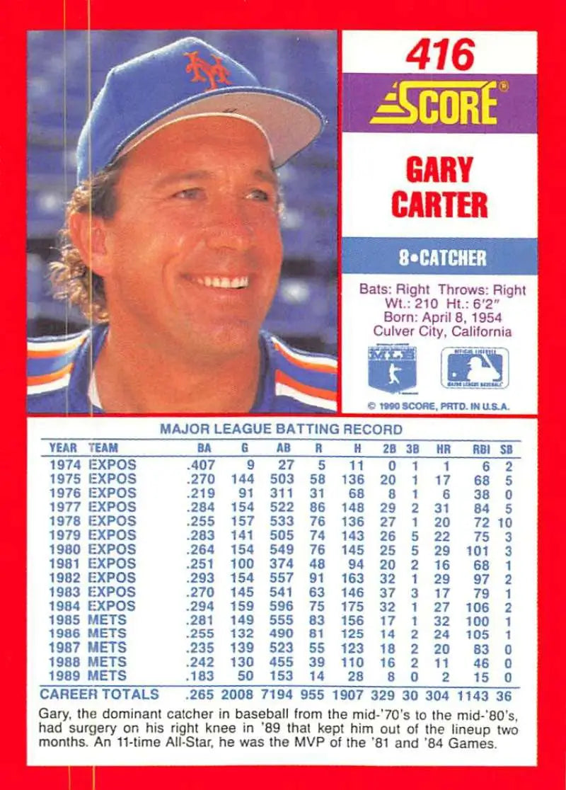 1990 Score #416 Gary Carter EX Excellent New York Mets Baseball Card - Baseball Card Single