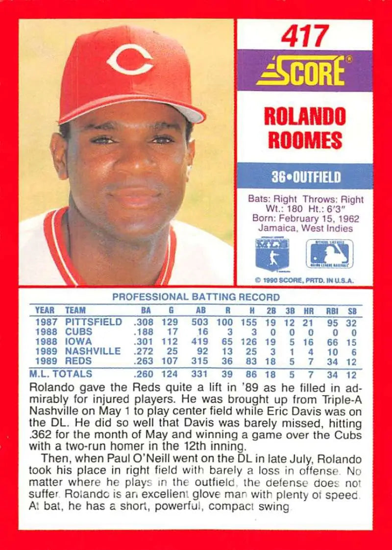 1990 Score #417 Rolando Roomes EX Excellent Cincinnati Reds Baseball Card - Baseball Card Single