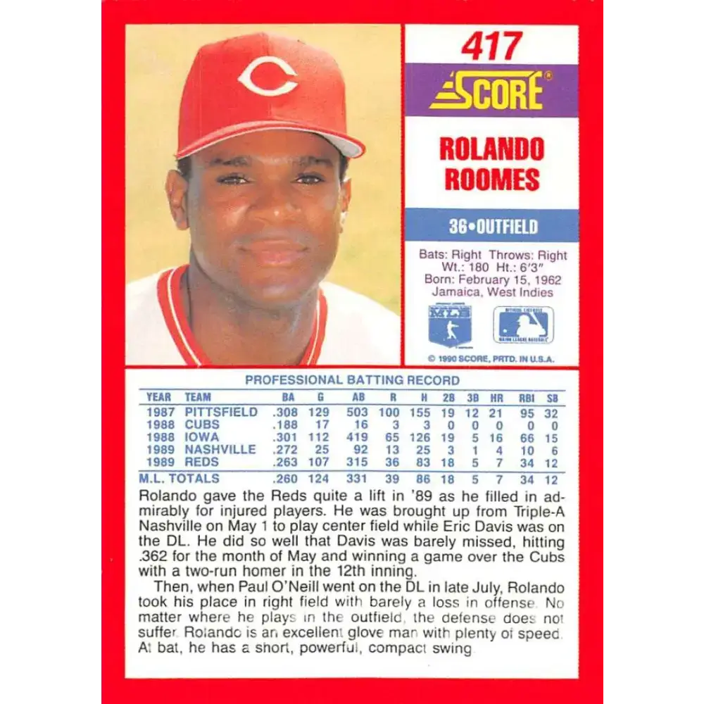 1990 Score #417 Rolando Roomes NM-MT Cincinnati Reds Baseball Card - Baseball Card Single