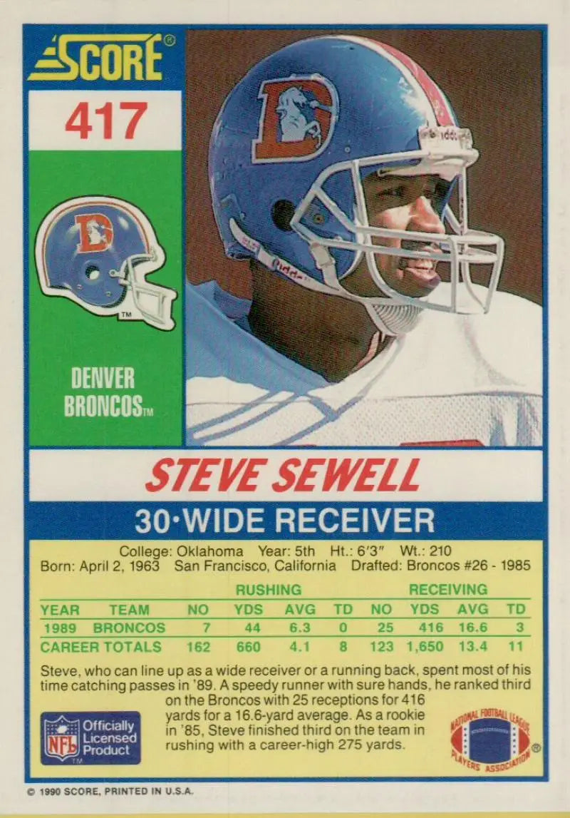 1990 Score #417 Steve Sewell NM-MT Denver Broncos Football Card - Football Card Single