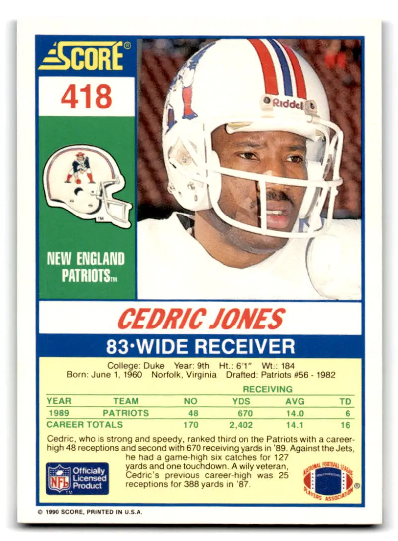1990 Score #418 Cedric Jones NM-MT RC Rookie New England Patriots Football Card - Football Card Single