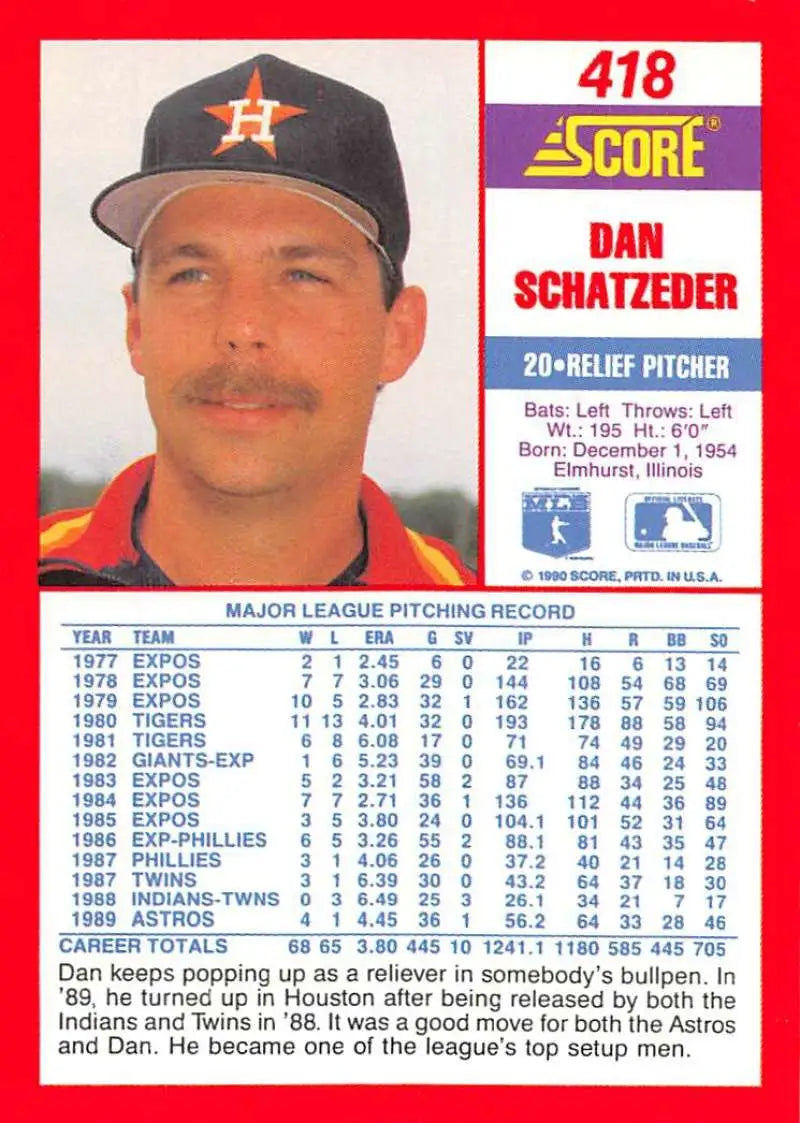 1990 Score #418 Dan Schatzeder EX Excellent Houston Astros Baseball Card - Baseball Card Single