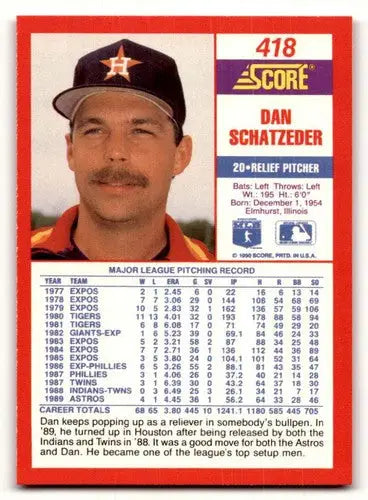 Original gloss Dan Schatzeder baseball card from 1990 Score #418 featuring Simply Sandoval