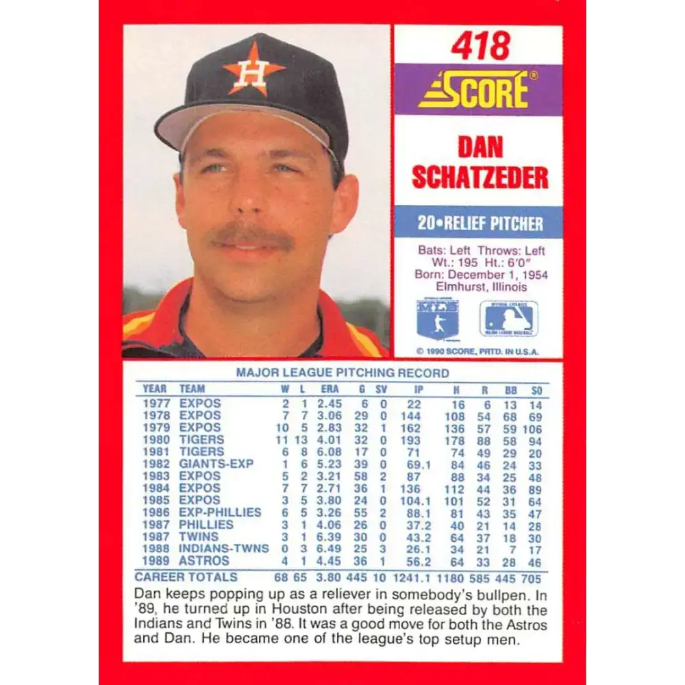 1990 Score #418 Dan Schatzeder NM-MT Houston Astros Baseball Card - Baseball Card Single