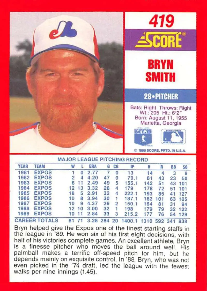 1990 Score #419 Bryn Smith EX Excellent Montreal Expos Baseball Card - Baseball Card Single