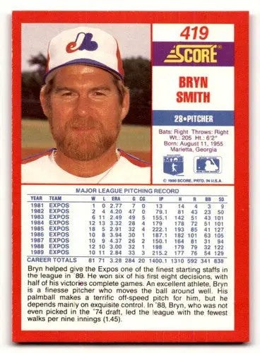 Original gloss Bryn Smith baseball card from 1990 Score #419 featuring Simply Sandoval
