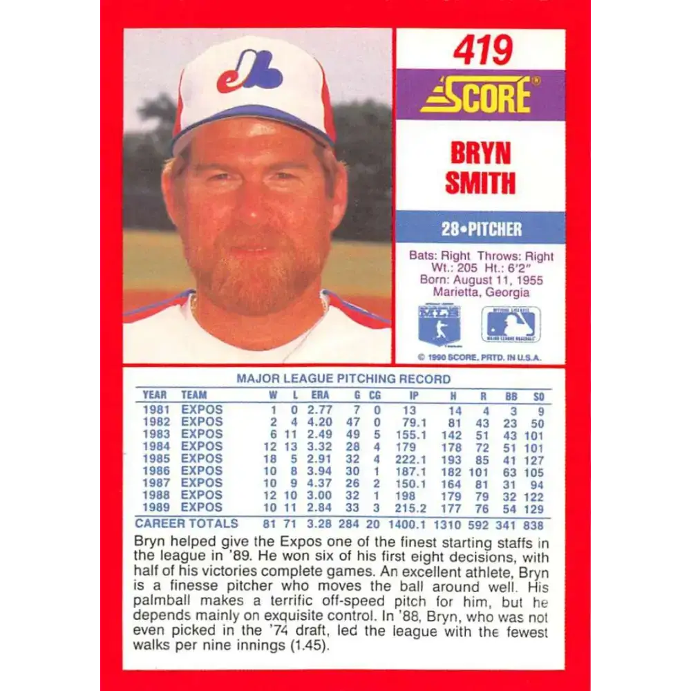 1990 Score #419 Bryn Smith NM-MT Montreal Expos Baseball Card - Baseball Card Single