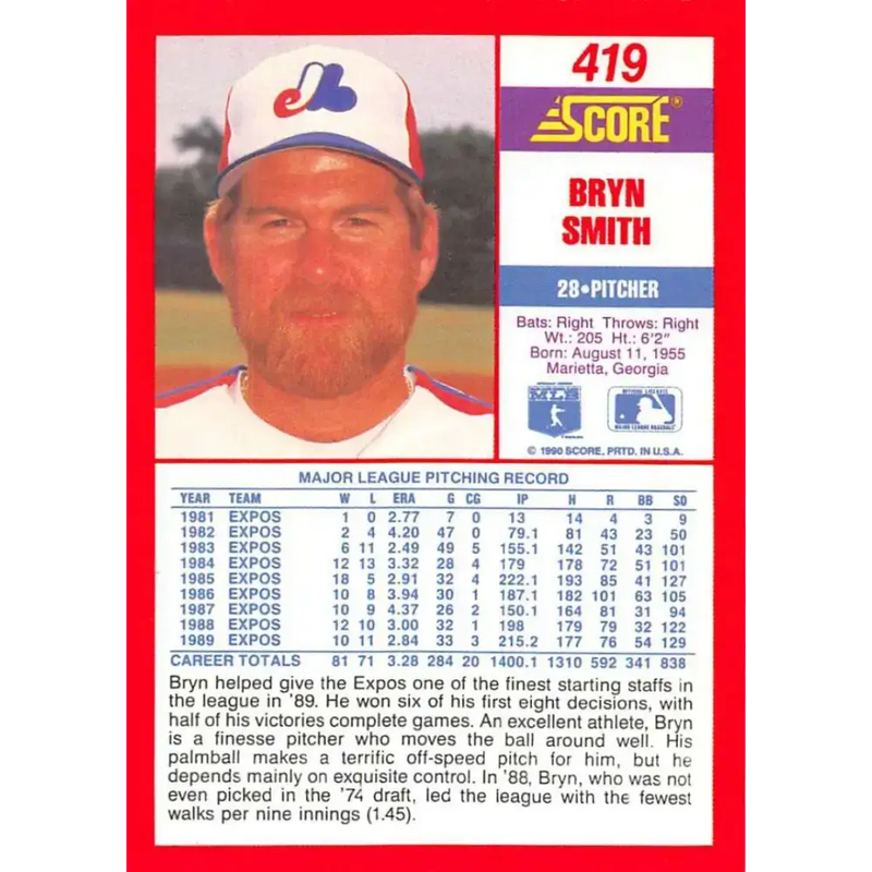 1990 Score #419 Bryn Smith NM-MT Montreal Expos Baseball Card - Baseball Card Single