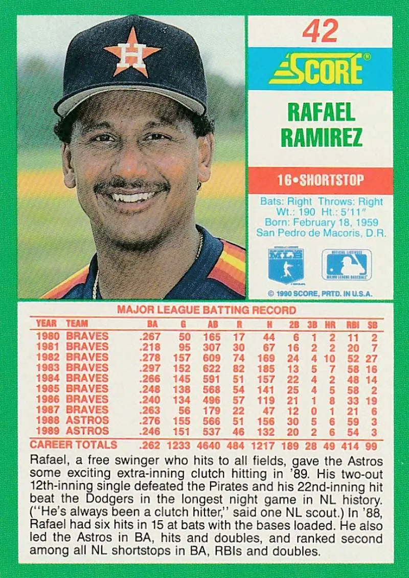 1990 Score #42 Rafael Ramirez EX Excellent Houston Astros Baseball Card