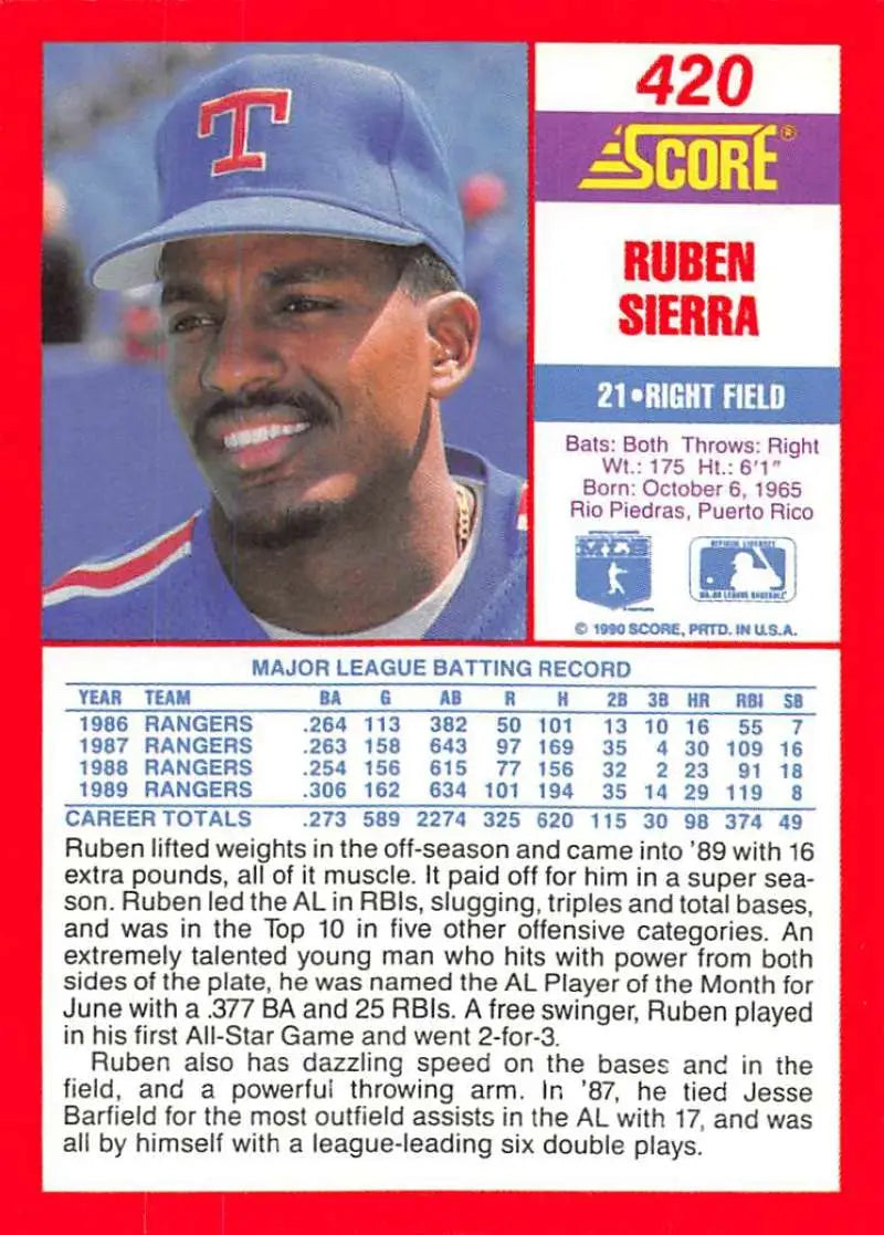 1990 Score #420 Ruben Sierra EX Excellent Texas Rangers Baseball Card - Baseball Card Single