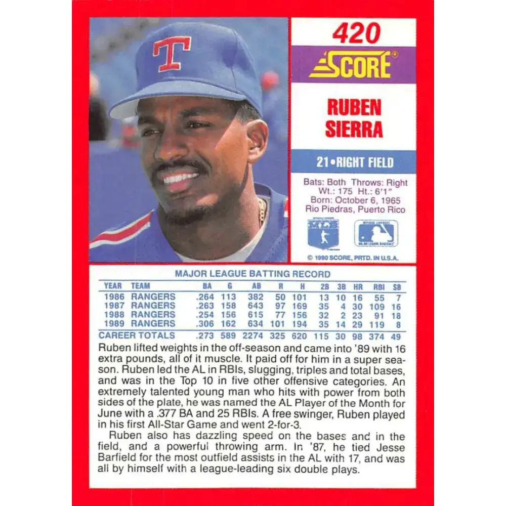 1990 Score #420 Ruben Sierra NM-MT Texas Rangers Baseball Card - Baseball Card Single