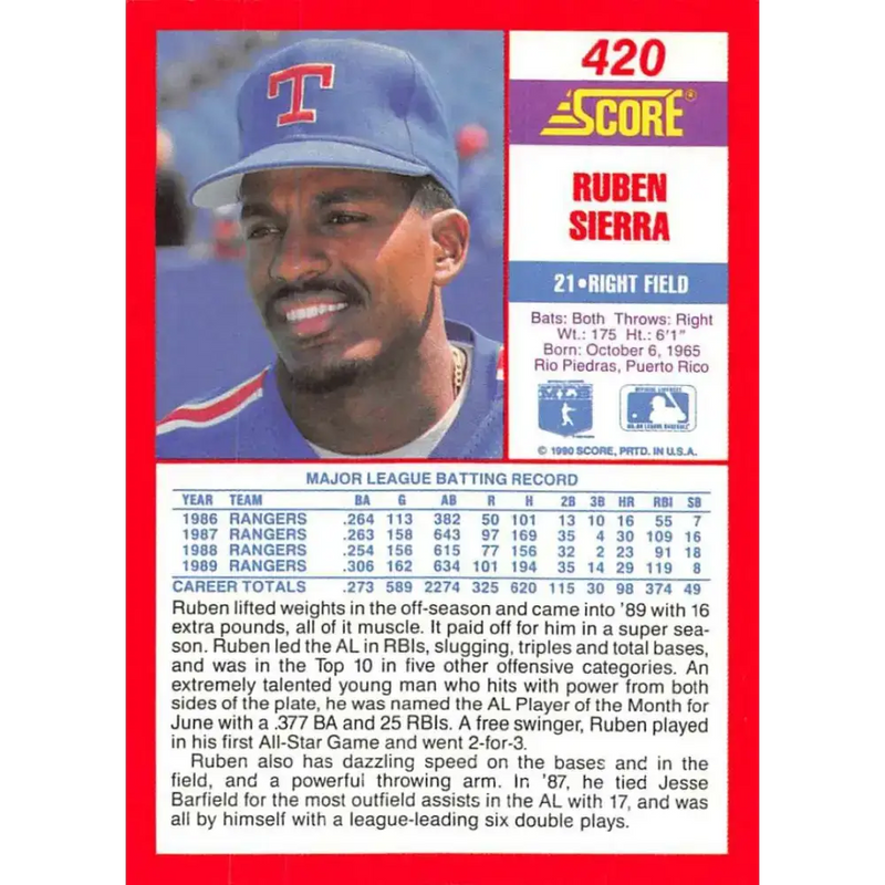 1990 Score #420 Ruben Sierra NM-MT Texas Rangers Baseball Card - Baseball Card Single