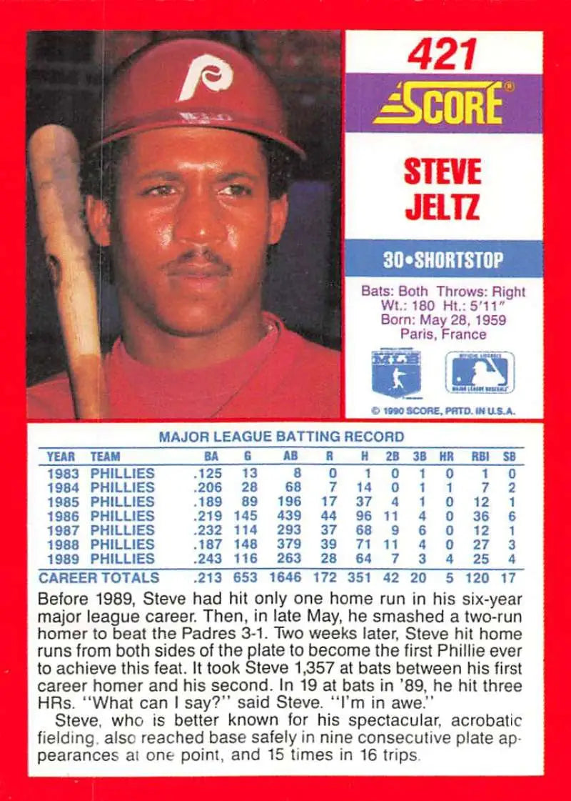 1990 Score #421 Steve Jeltz EX Excellent Philadelphia Phillies Baseball Card - Baseball Card Single