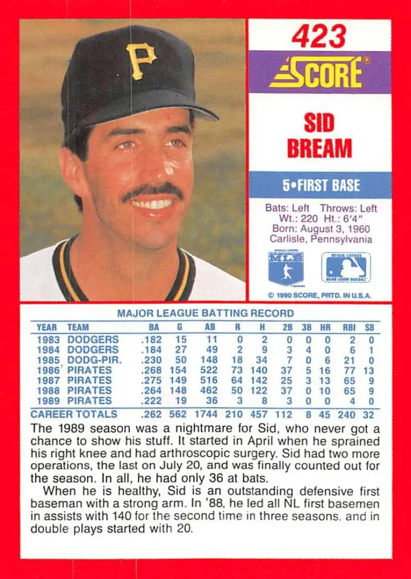 1990 Score #423 Sid Bream EX Excellent Pittsburgh Pirates Baseball Card - Baseball Card Single